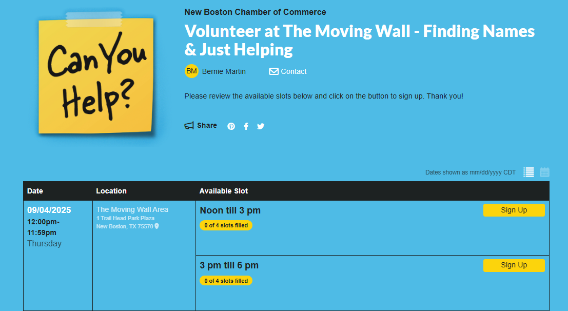 Sign up Calendar for volunteers